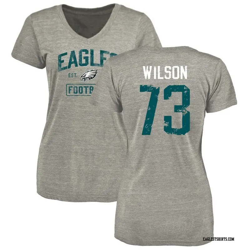 Women's Philadelphia Eagles ＃73 Marvin Wilson Gray Heather Distressed Name & Number V-Neck T-Shirt